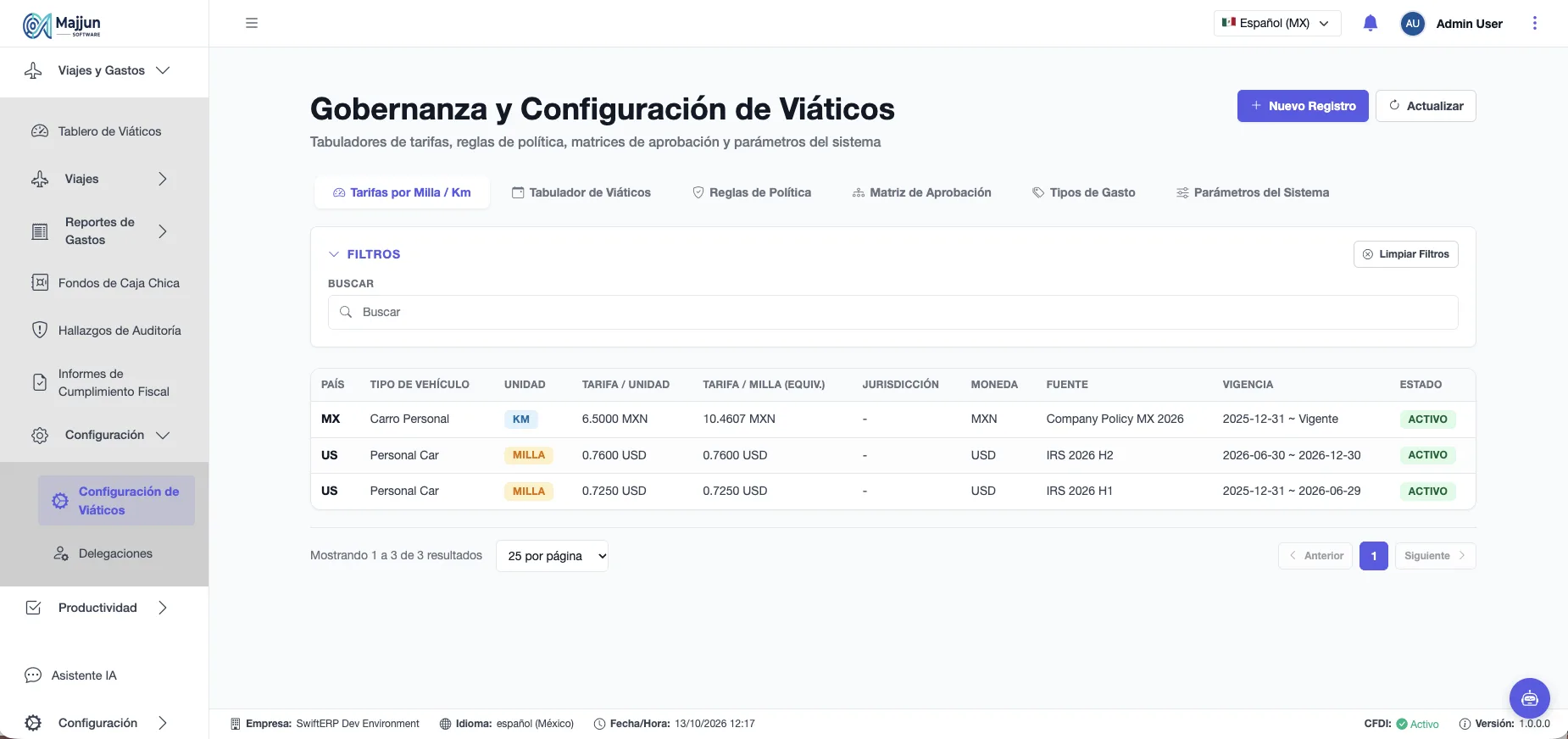 Gobernanza y Configuración de Viáticos (Pestaña Tarifas por Milla / Km)