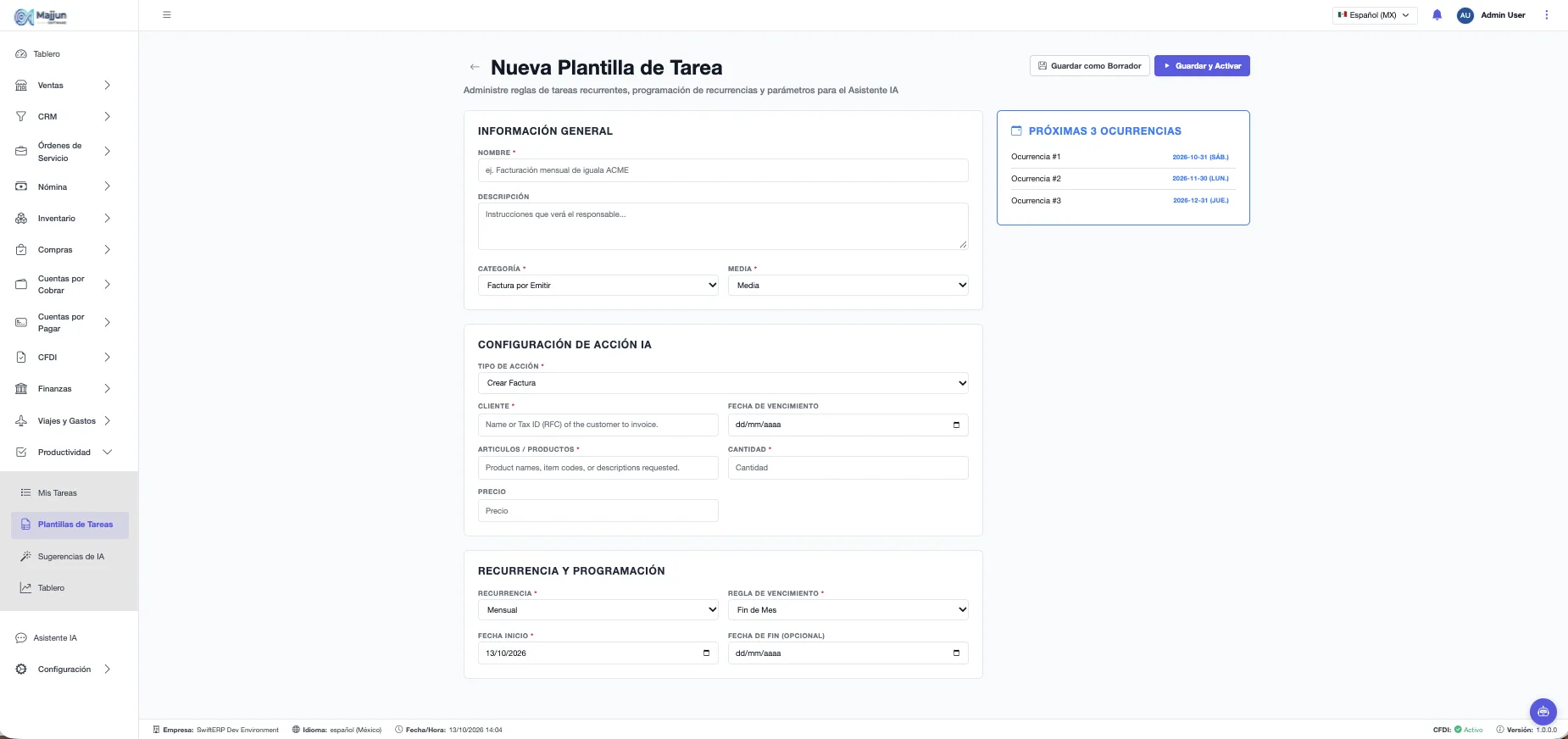 Plantilla con recurrencia y próximas ocurrencias