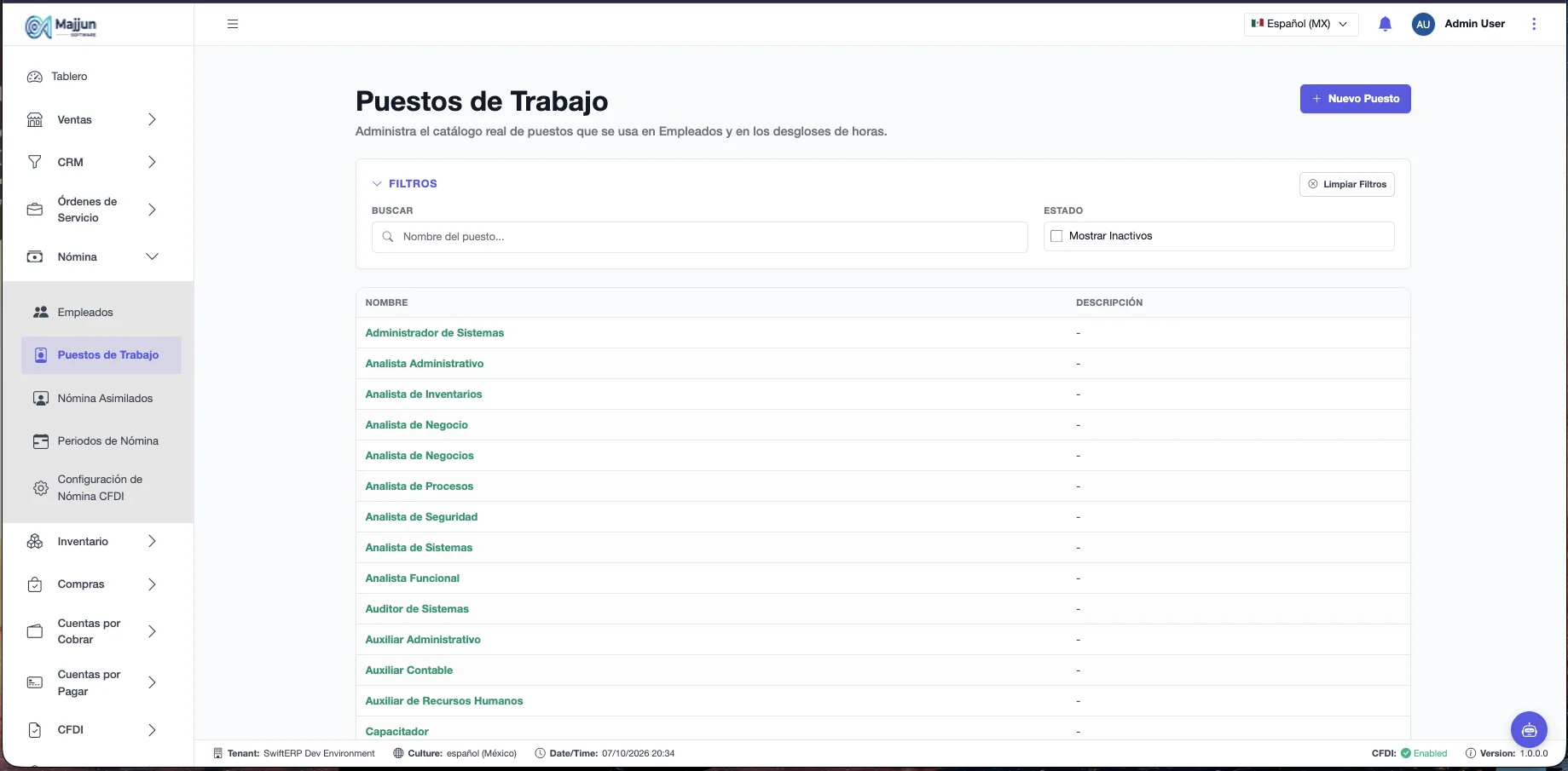 Pantalla Puestos de Trabajo