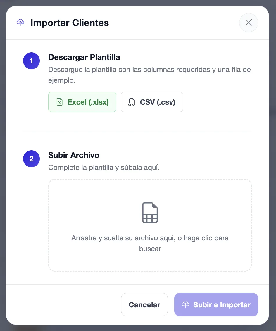 Modal para la (1) baja del .xlsx o .csv, (2) Seccion para subir el Archivo