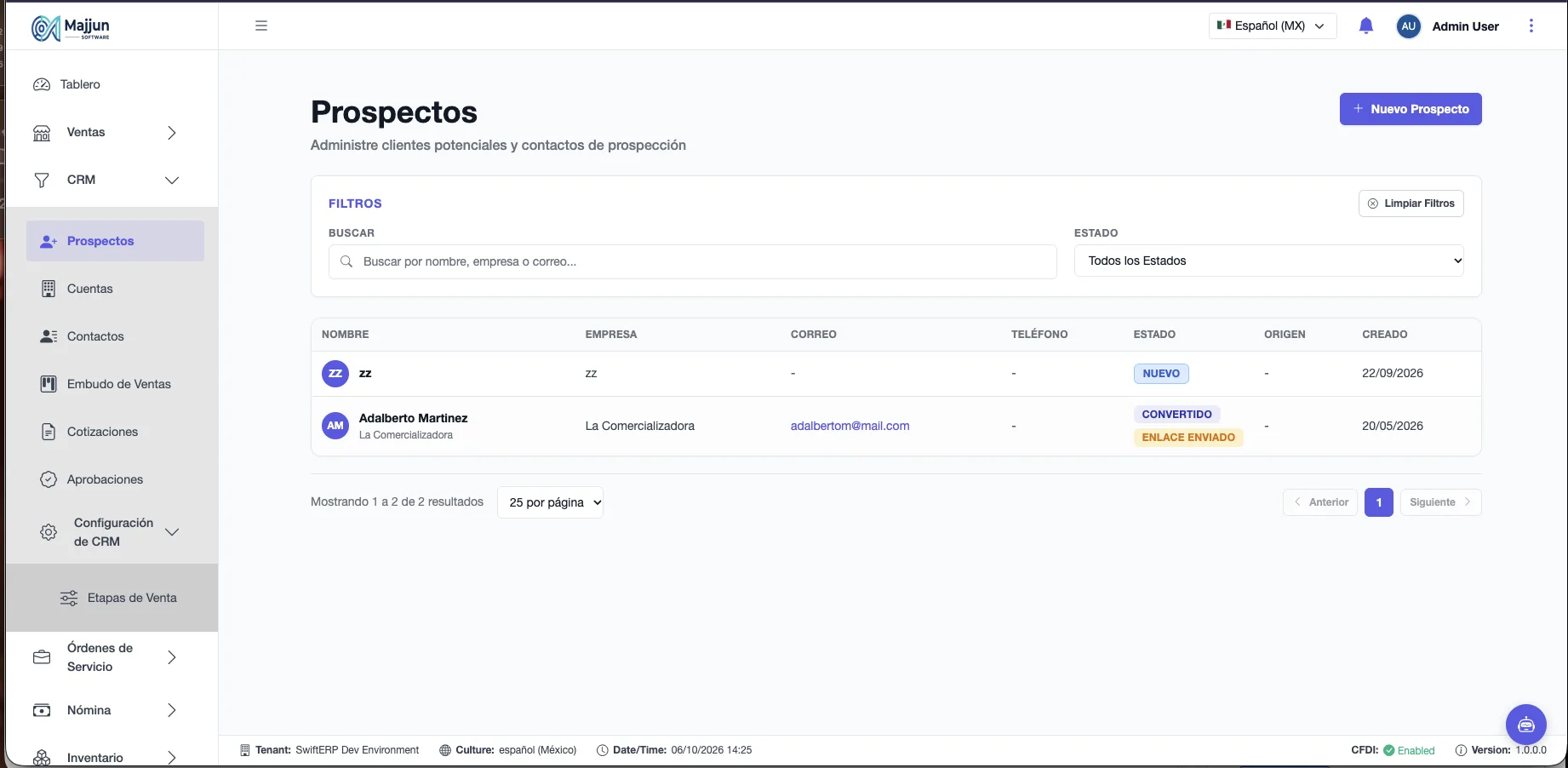 Lista de Prospectos con filtros abiertos