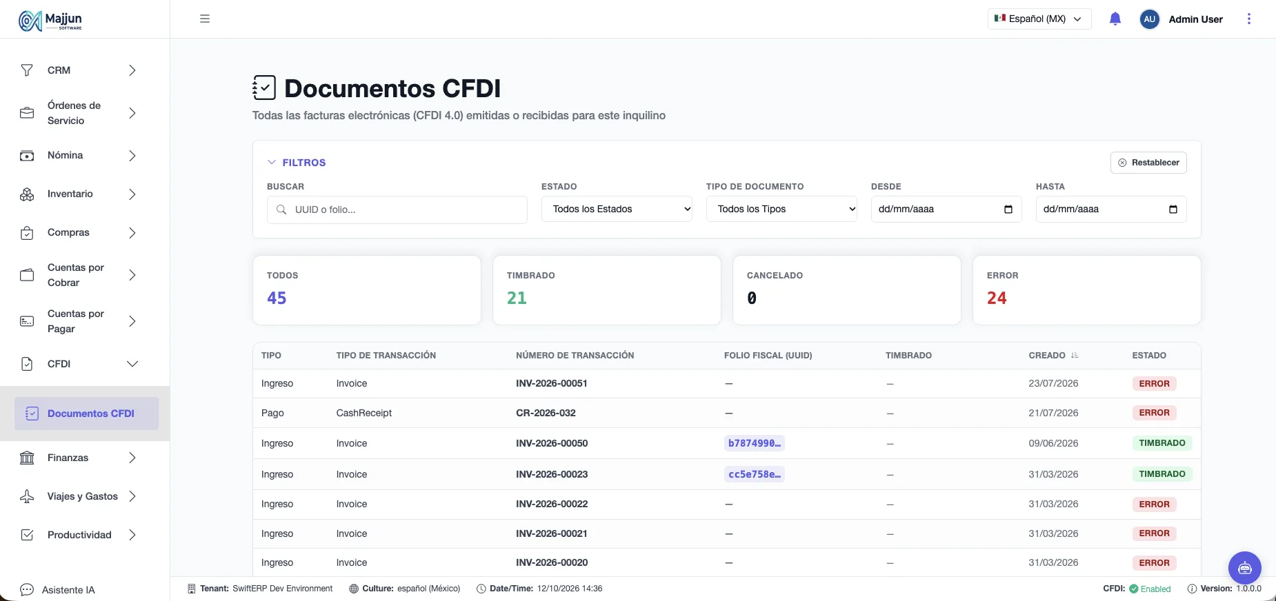Pantalla Documentos CFDI