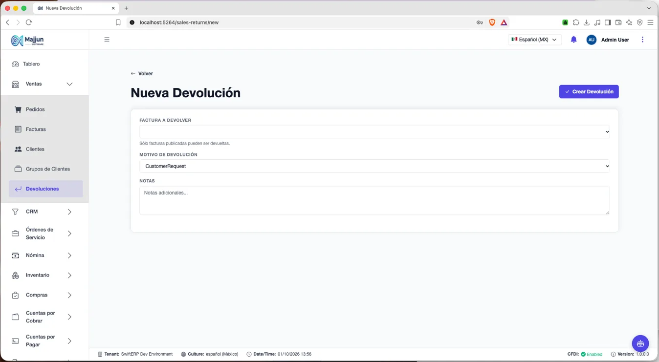 Pantalla Nueva Devolución