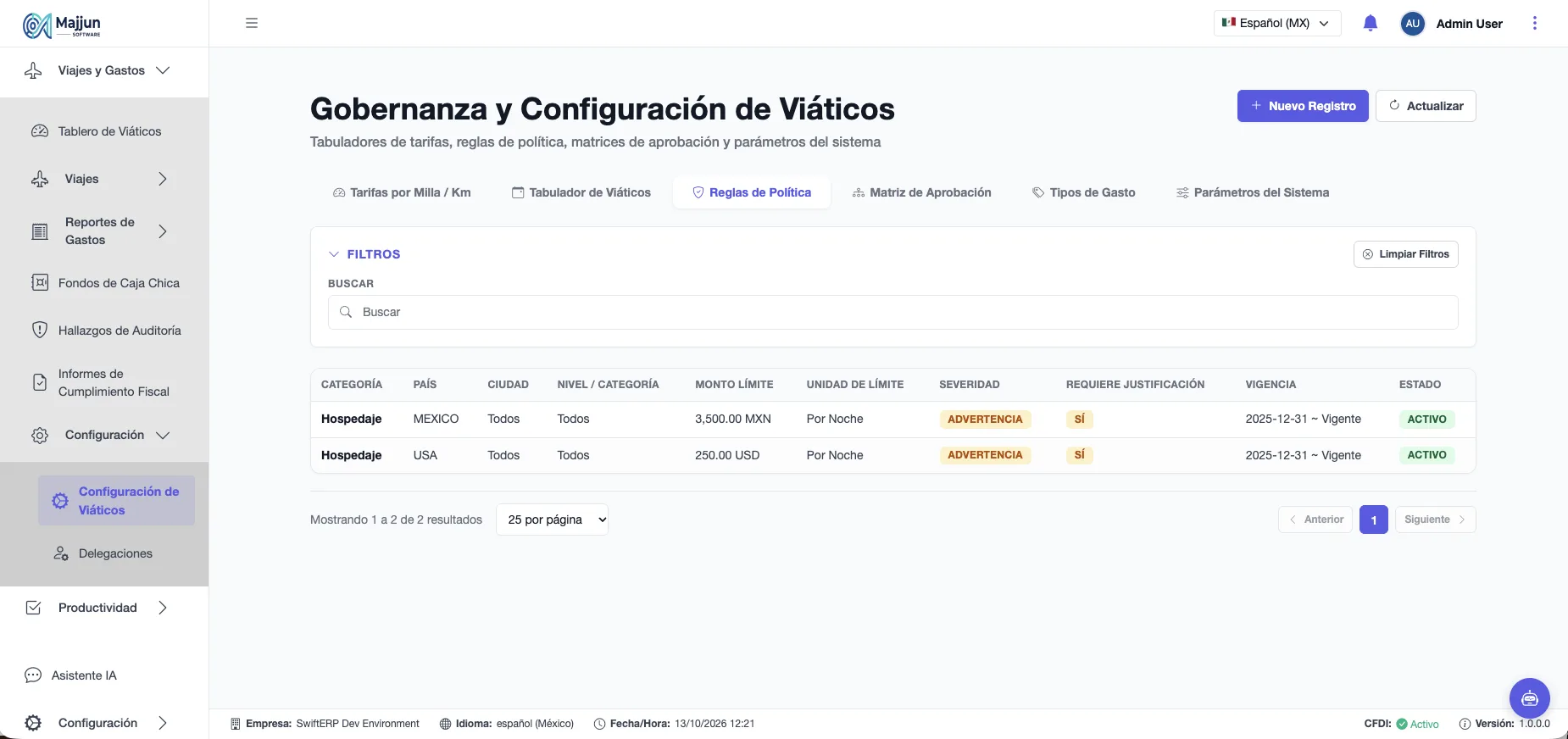 Gobernanza y Configuración de Viáticos (Pestaña Reglas de Politica)