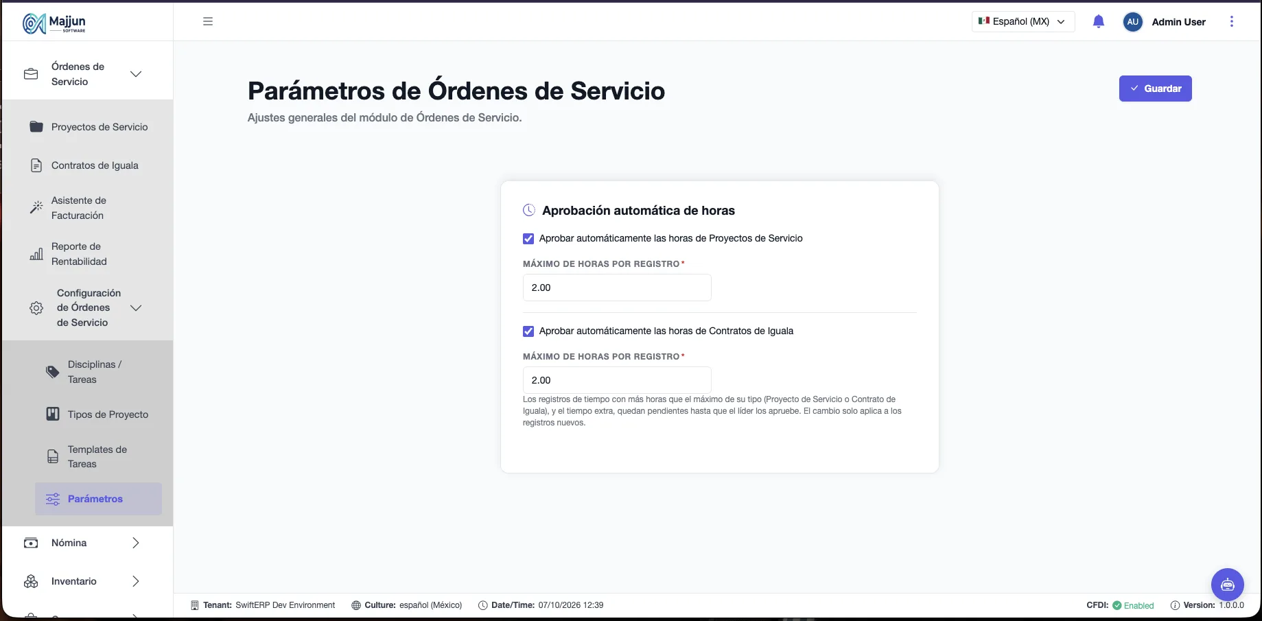 Parámetros de Órdenes de Servicio