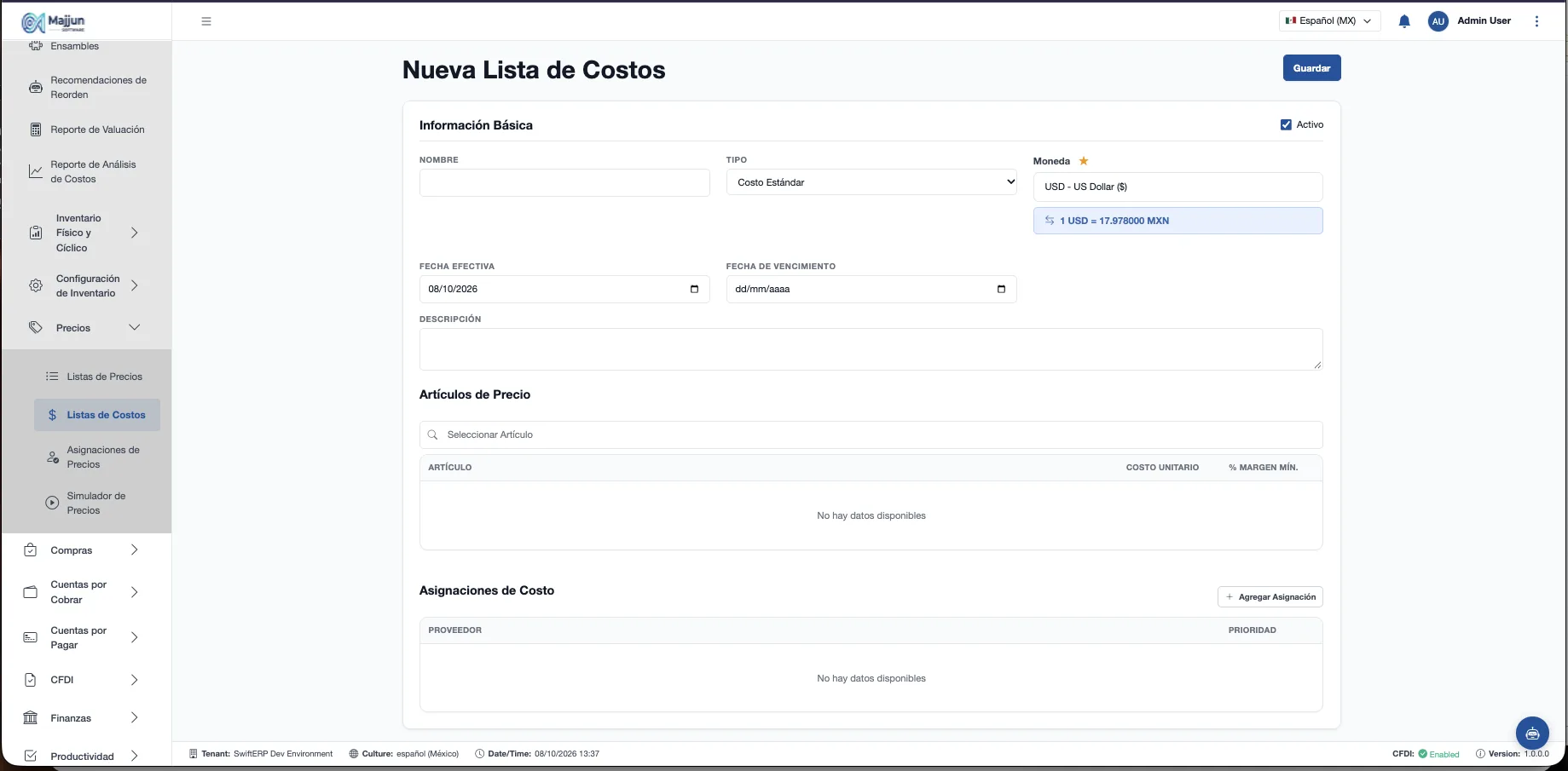 Nueva Lista de Costos