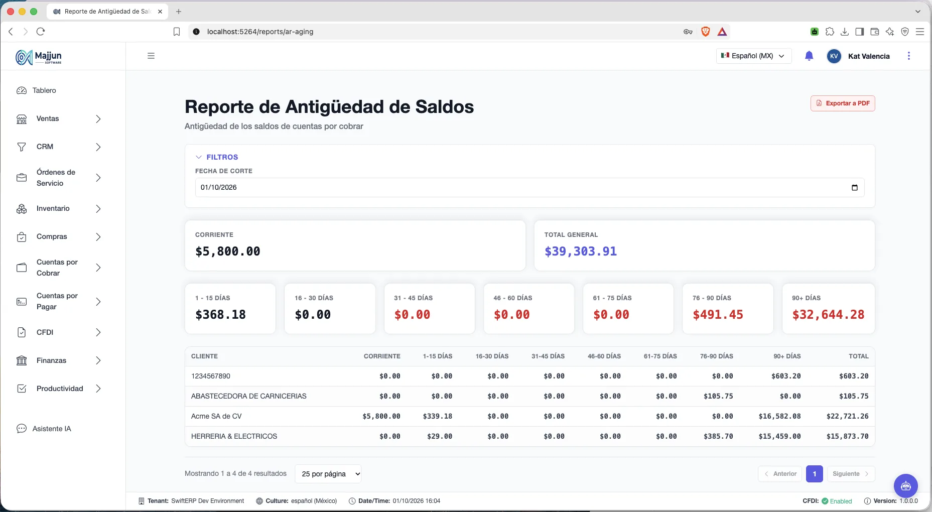Reporte de Antigüedad de Saldos con totales por rango