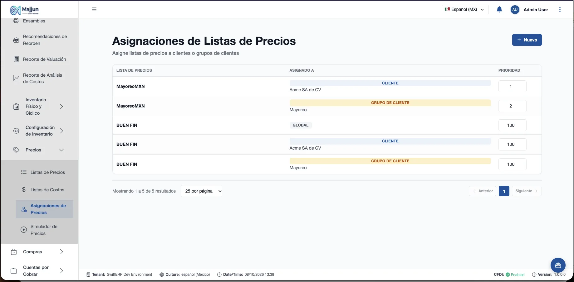 Pantalla Asignaciones de Listas de Precios