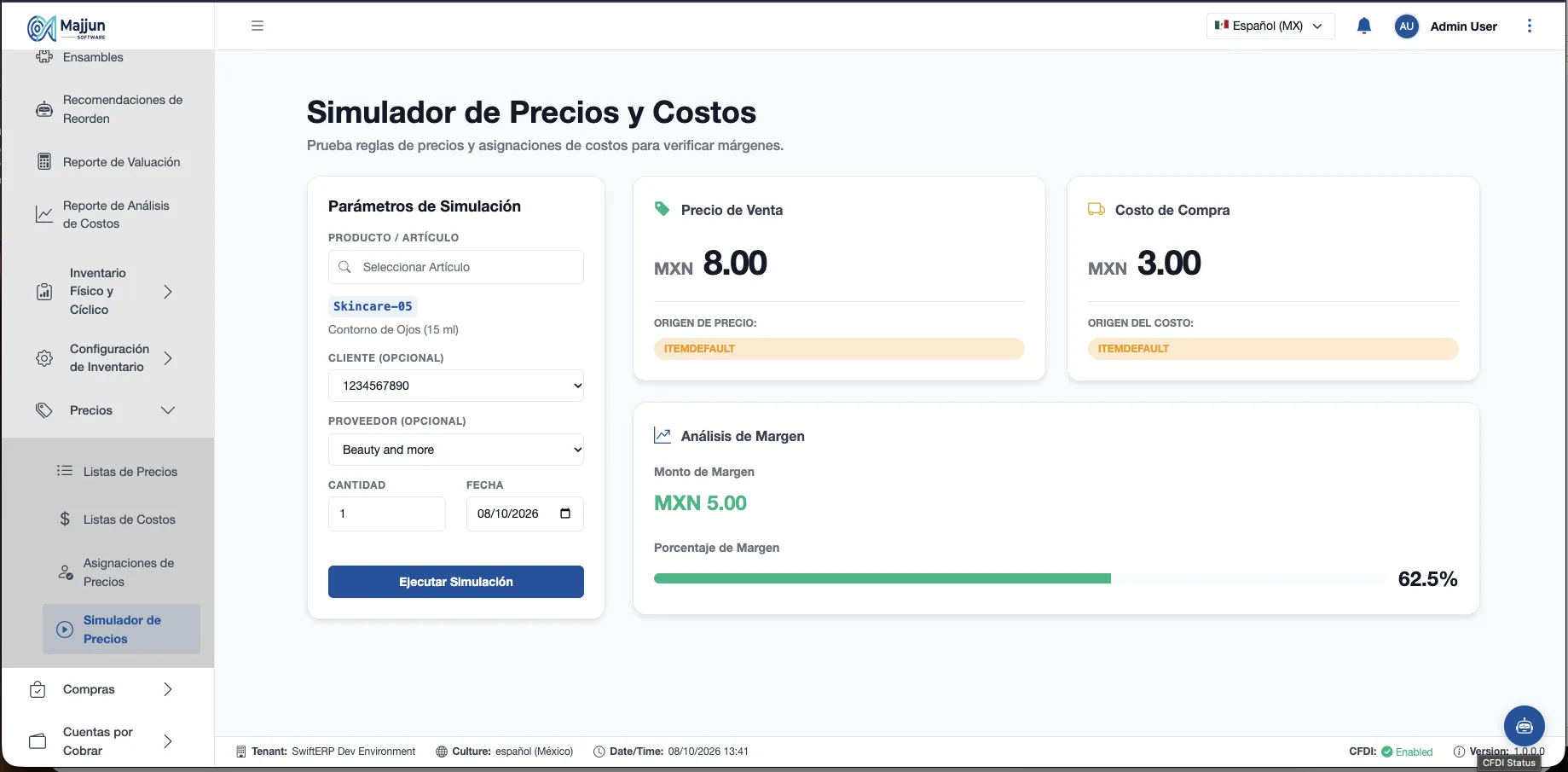 Pantalla Simulador de Precios y Costos