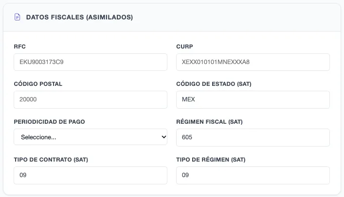 Sección Datos Fiscales (Asimilados) del empleado