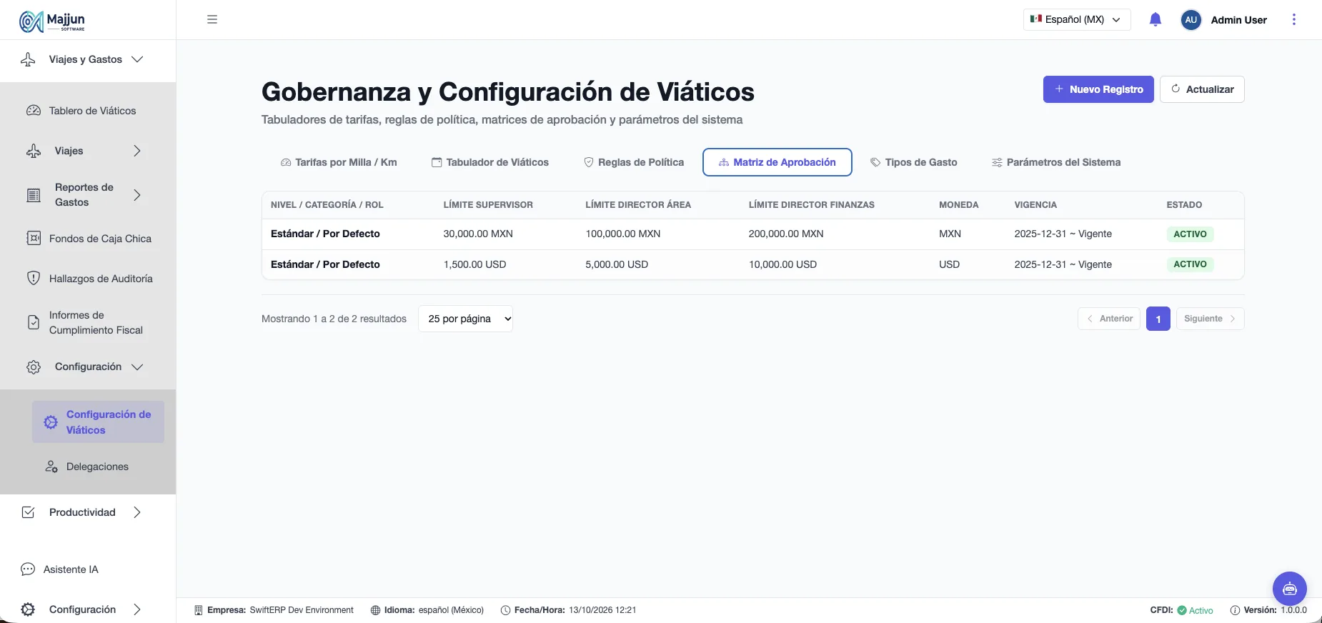Gobernanza y Configuración de Viáticos (Pestaña Matriz de Aprobacion)