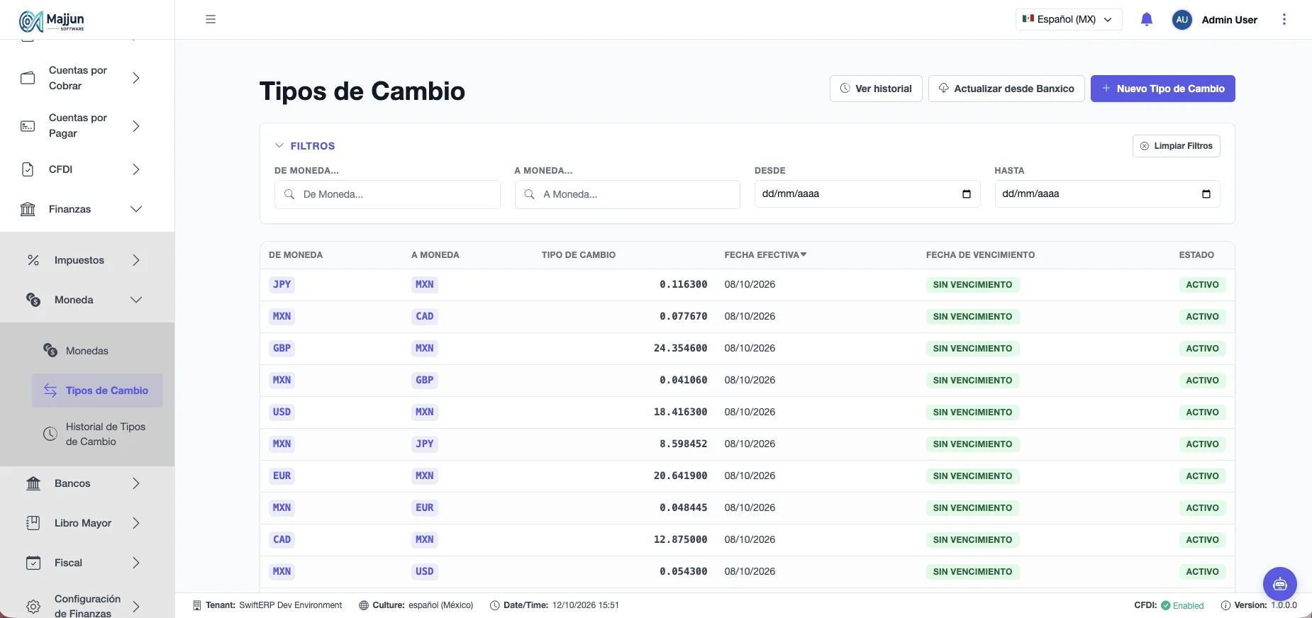 Pantalla Tipos de Cambio