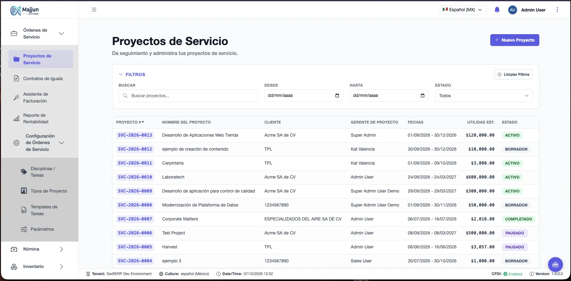 Lista de Proyectos de Servicio