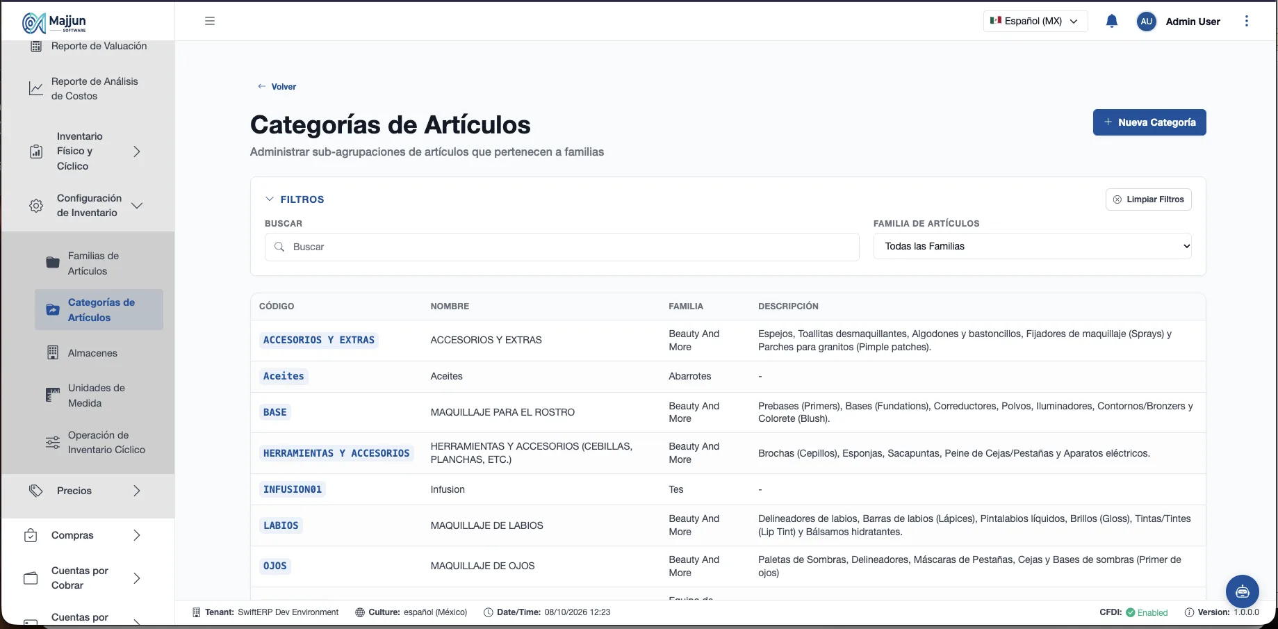 Pantalla Categorías de Artículos