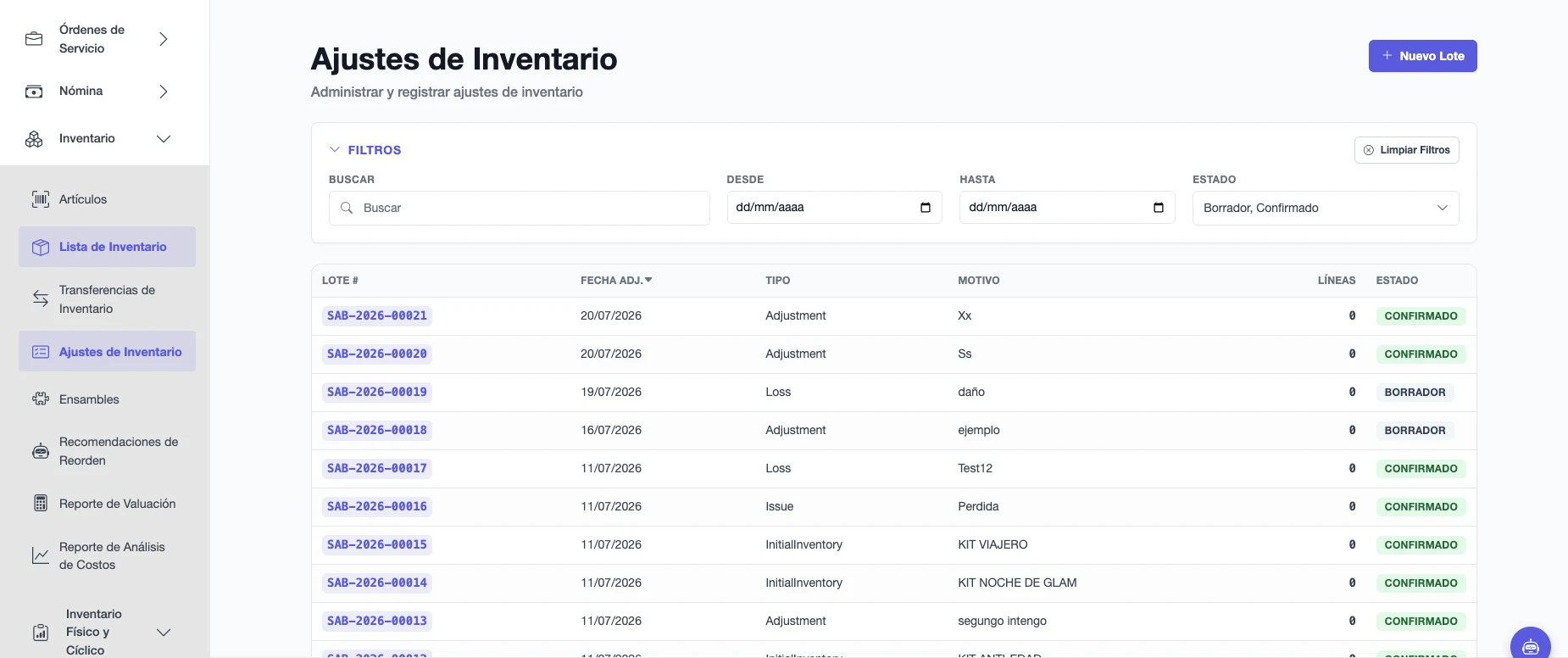 Lista de ajustes de inventario con número, fecha, tipo, motivo, partidas y estado