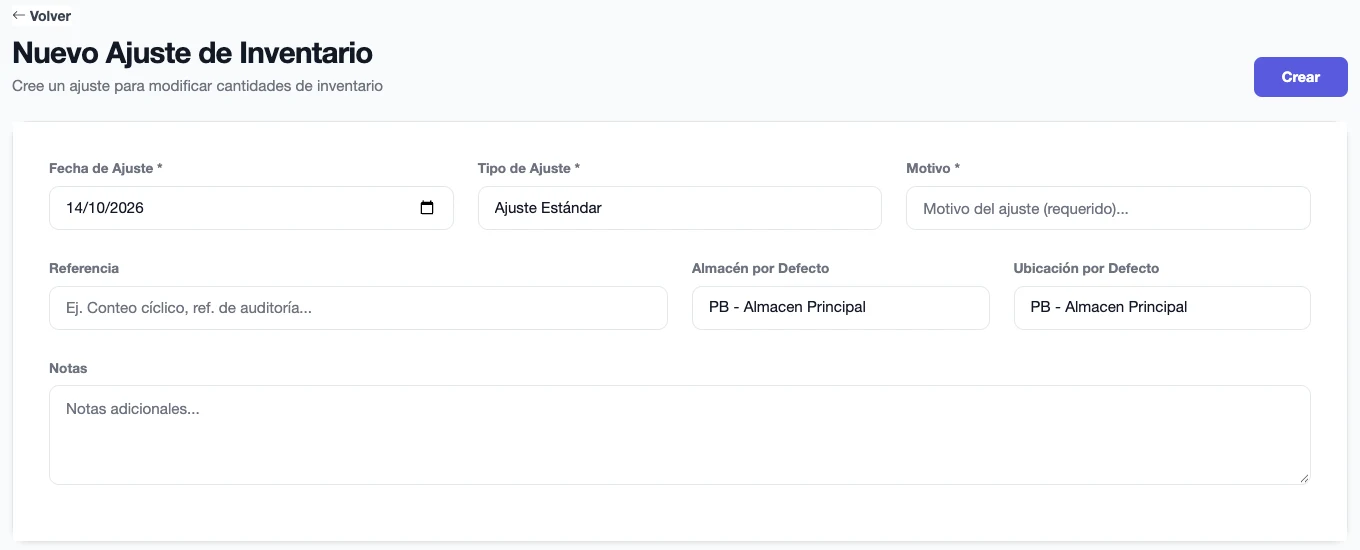 Formulario de ajuste de inventario con fecha, tipo, motivo, referencia, almacén, ubicación y notas