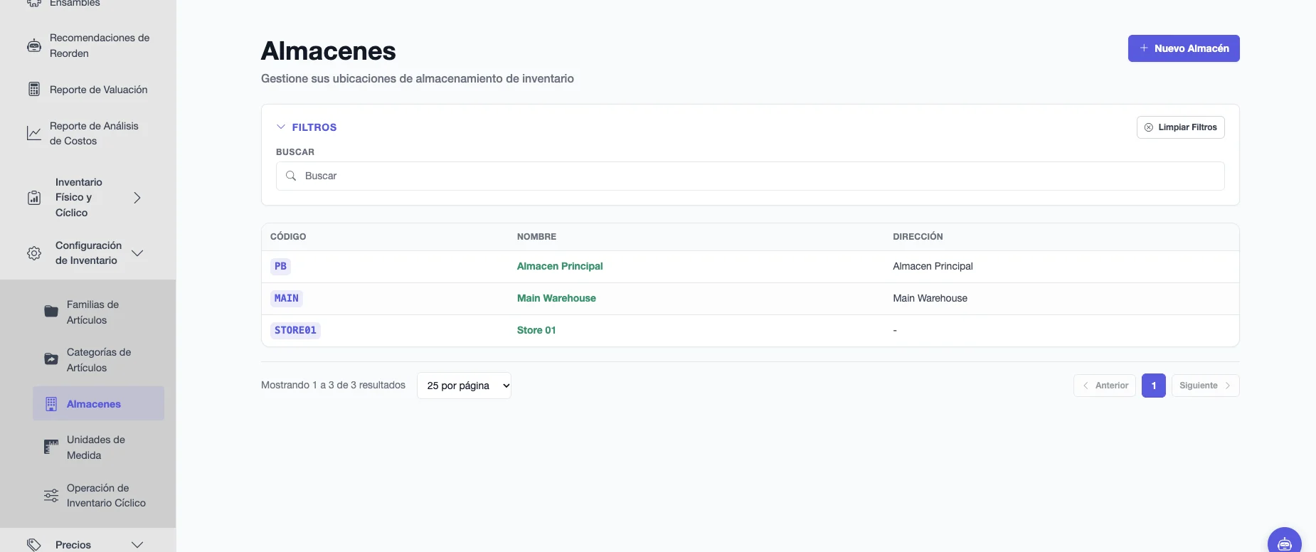 Lista de Almacenes con código, nombre y dirección de cada almacén