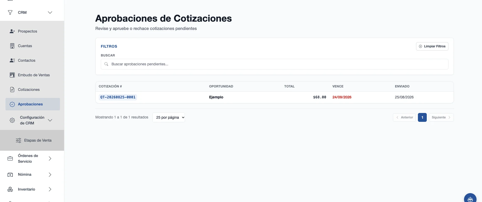 Lista de aprobaciones de cotizaciones con número, oportunidad, total, vigencia y fecha de envío