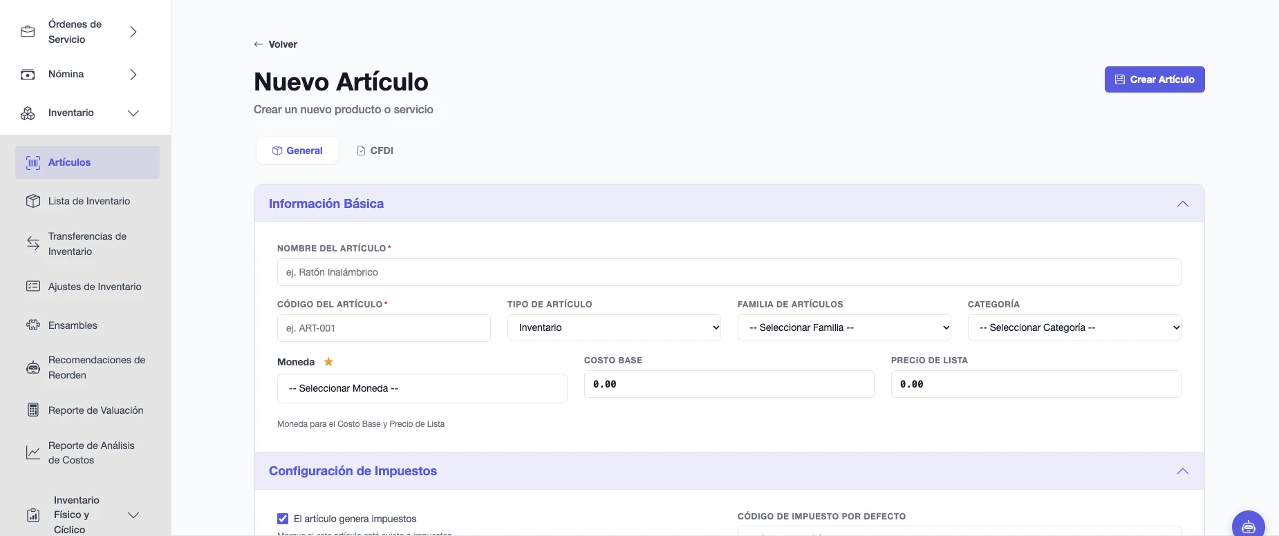 Formulario de nuevo artículo con código, tipo, familia, categoría, moneda, costo, precio e impuestos