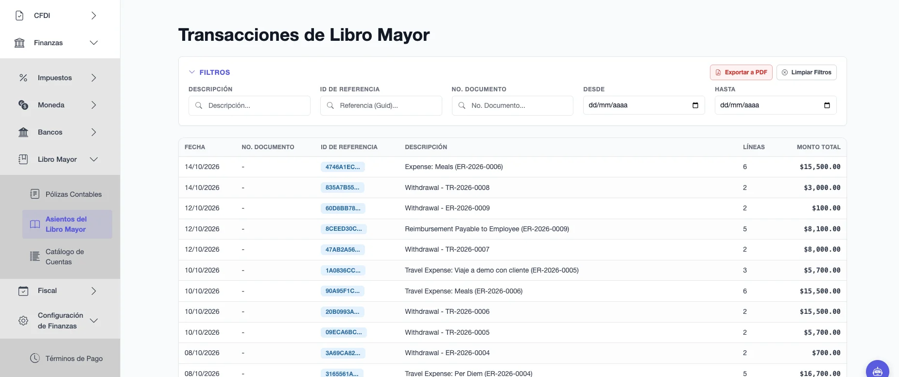 Transacciones de Libro Mayor con fecha, número de documento, identificador de referencia, descripción, número de líneas y monto total