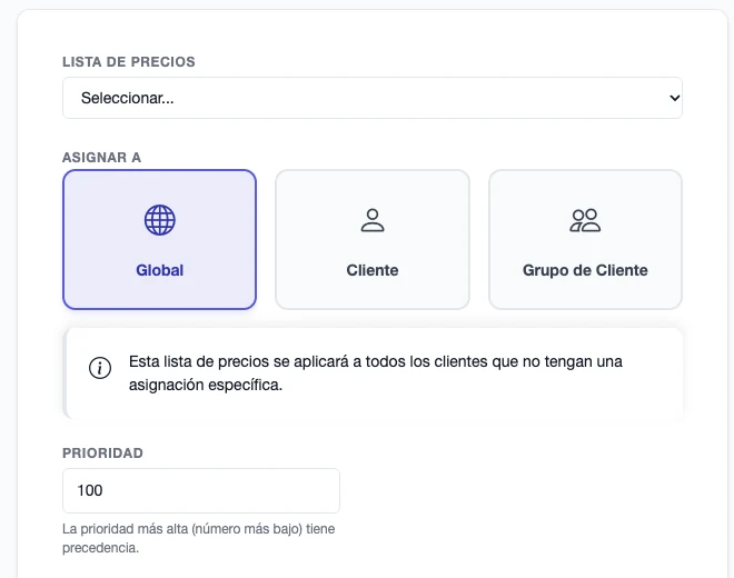Formulario de Asignaciones de Listas de Precios con la lista de precios, el tipo de asignación (Global, Cliente o Grupo de Cliente) y la prioridad