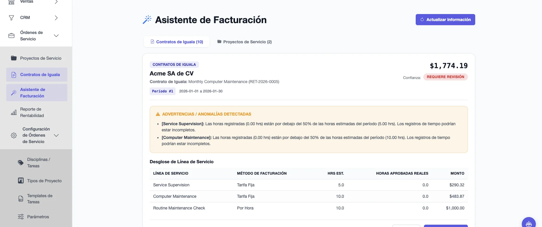 Asistente de Facturación con una factura sugerida de un contrato de iguala, sus avisos y el desglose por servicio