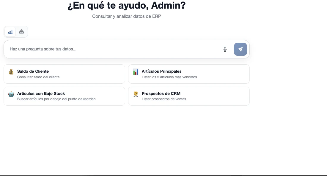 Pantalla de inicio del Asistente de IA con el campo para preguntar sobre tus datos y tarjetas de acciones sugeridas como saldo de cliente, artículos principales, bajo stock y prospectos de CRM