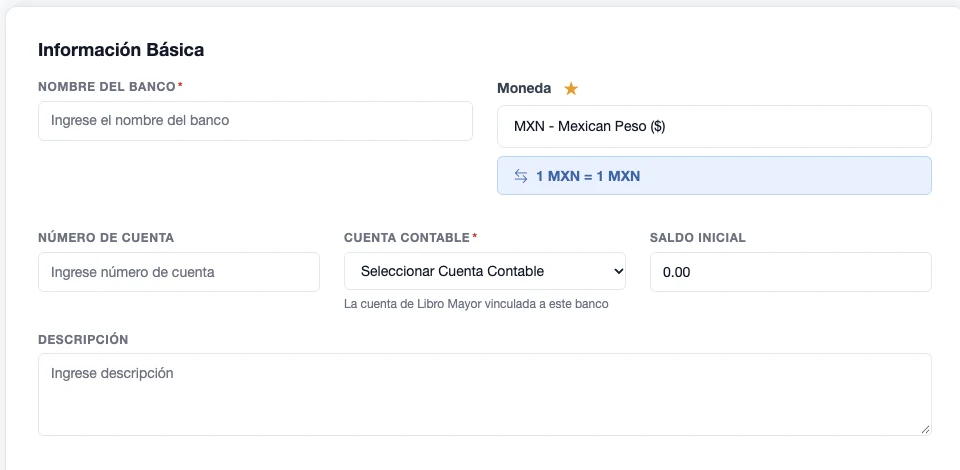 Formulario Crear Banco con nombre del banco, moneda, número de cuenta, cuenta contable, saldo inicial y descripción