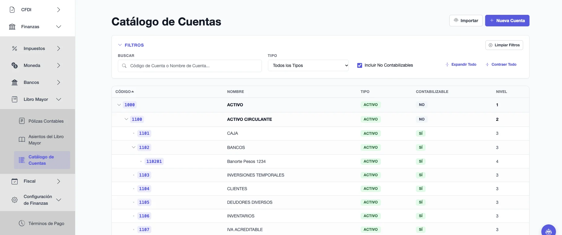 Catálogo de Cuentas en forma de árbol con código, nombre, tipo, si es contabilizable y nivel de cada cuenta