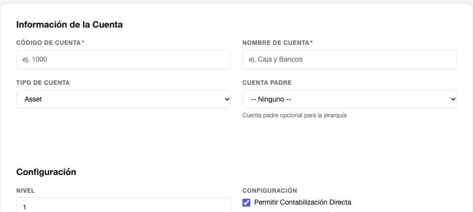 Formulario Nueva Cuenta con código, nombre, tipo de cuenta, cuenta padre, nivel y la opción Permitir Contabilización Directa