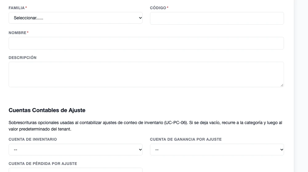 Formulario Nueva Categoría con los campos Familia, Código, Nombre y Descripción, y la sección de cuentas contables de ajuste