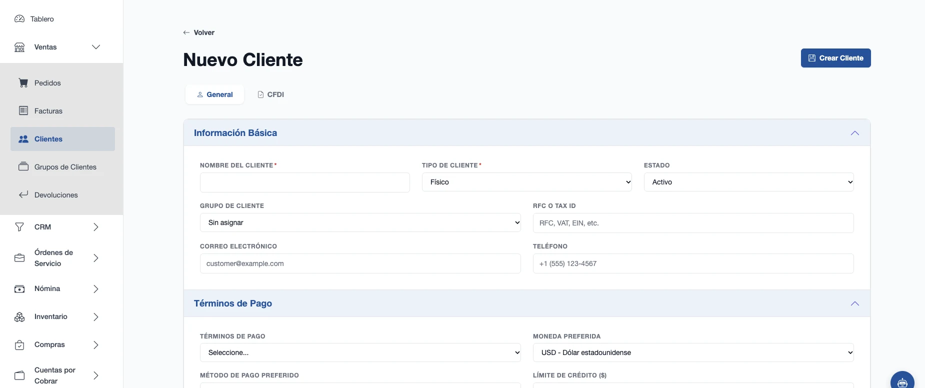 Formulario de nuevo cliente con información básica, grupo, RFC y términos de pago