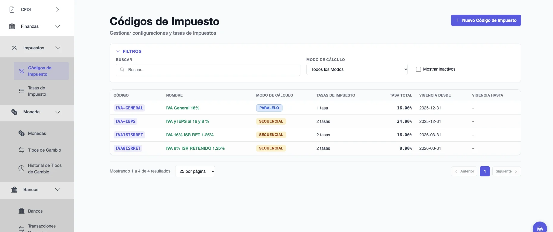 Lista de Códigos de Impuesto con código, nombre, modo de cálculo, número de tasas, tasa total y vigencia de cada código