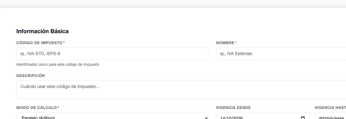 Formulario Nuevo Código de Impuesto con código, nombre, descripción, modo de cálculo y vigencia