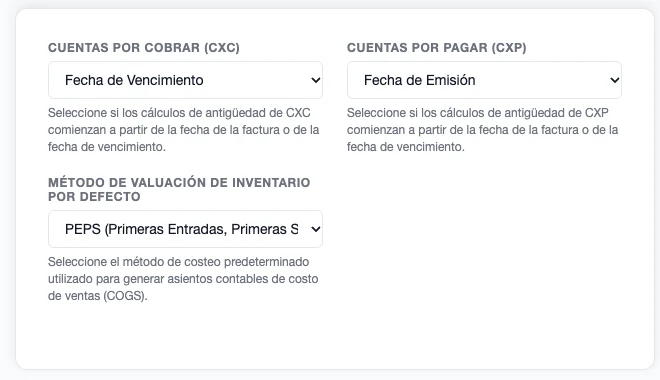 Configuración de Finanzas con cuentas por cobrar y por pagar en base de cálculo de antigüedad y método de valuación de inventario por defecto