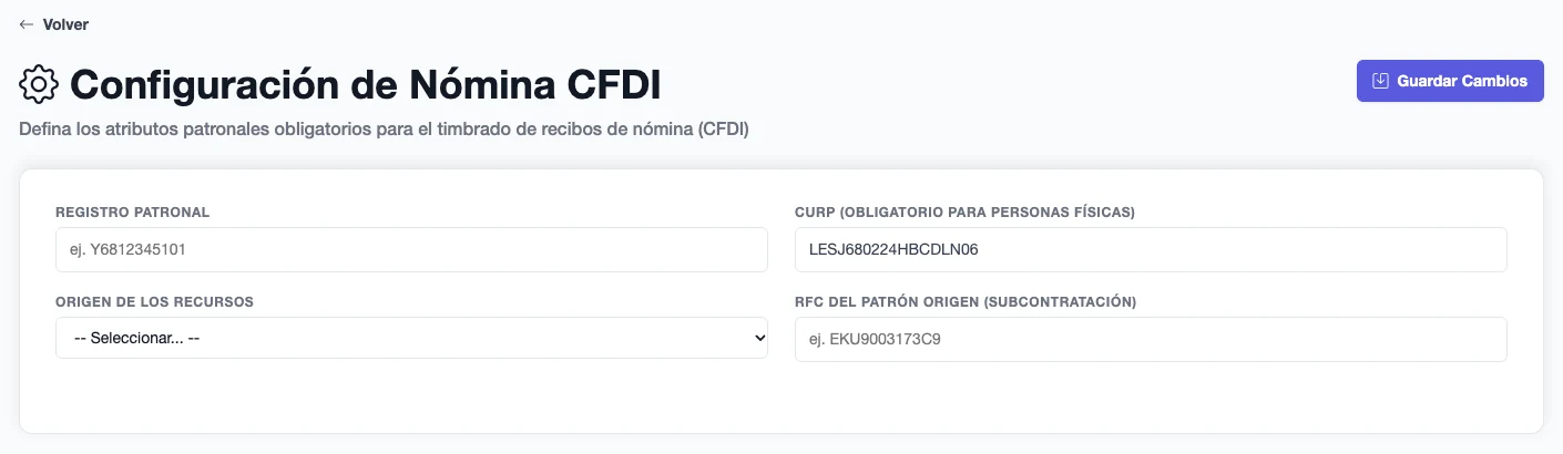 Configuración del emisor de nómina con registro patronal, CURP, origen del recurso y RFC del patrón de origen