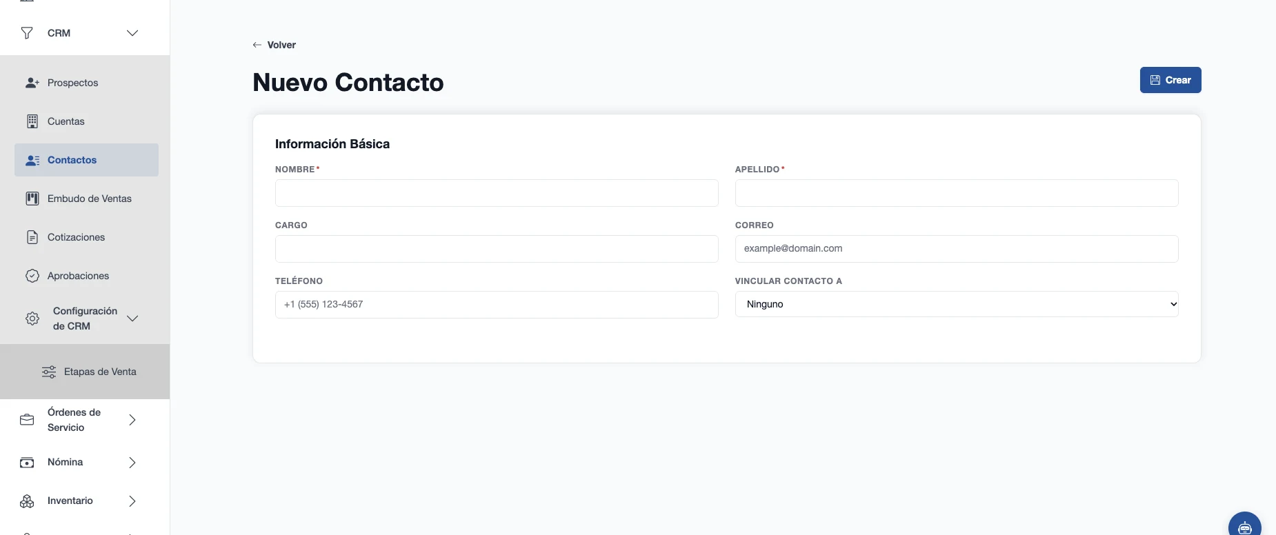 Formulario de nuevo contacto con nombre, apellido, cargo, correo, teléfono y vínculo con prospecto o cliente