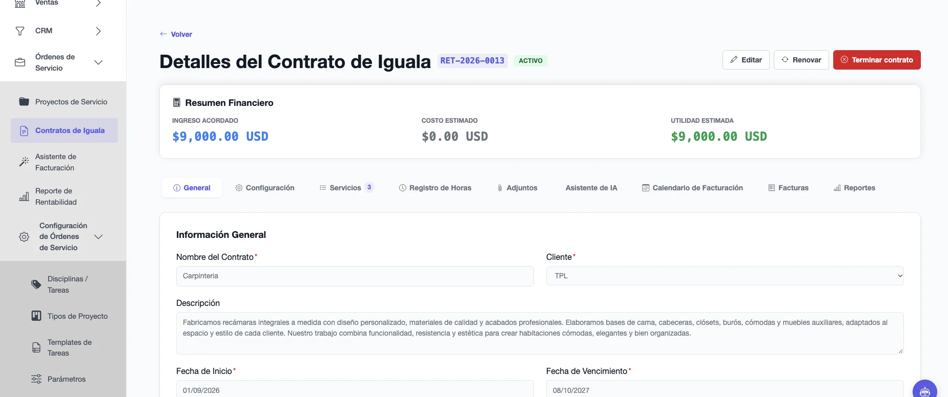 Detalle de un contrato de iguala con su resumen financiero y las pestañas de servicios, registro de horas, calendario de facturación y reportes
