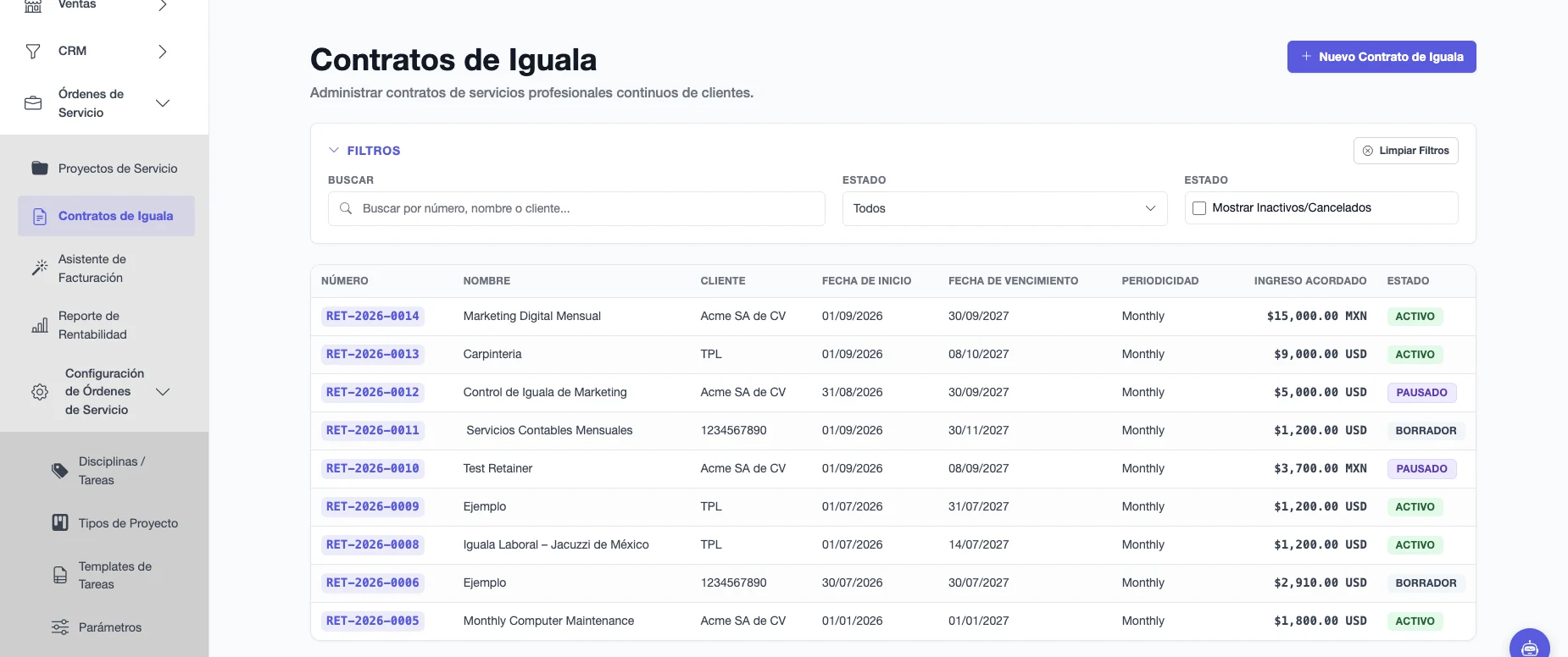 Lista de contratos de iguala con cliente, fechas, periodicidad, ingreso acordado y estado