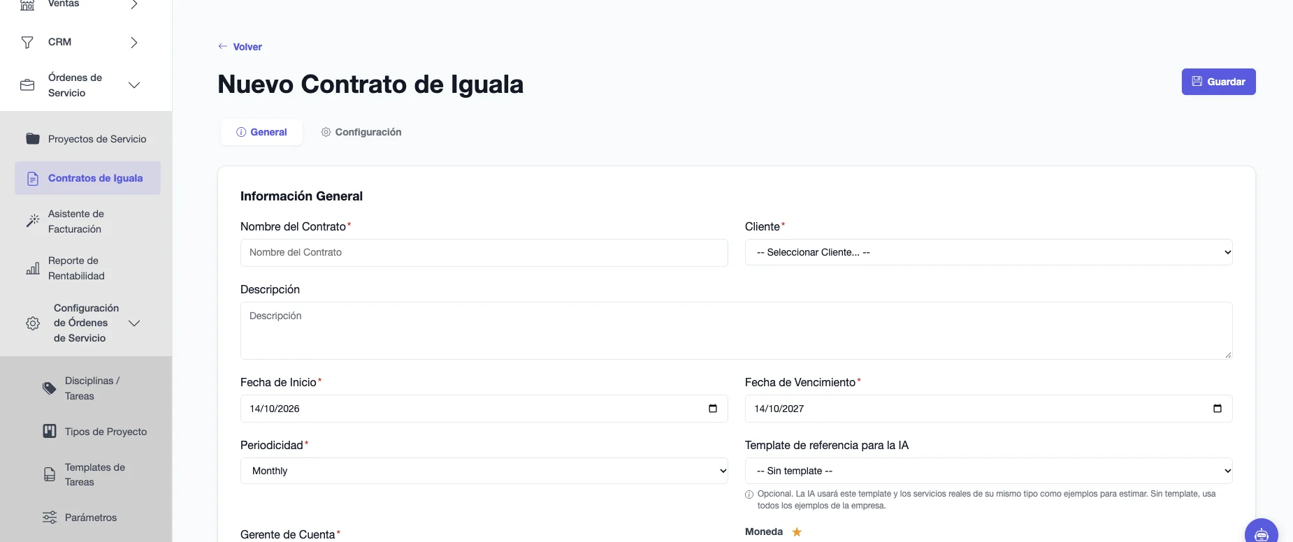 Formulario de nuevo contrato de iguala con nombre, cliente, descripción, fechas y periodicidad
