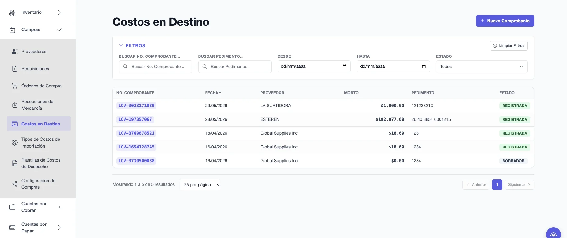 Lista de Costos en Destino con número de comprobante, fecha, proveedor, monto, pedimento y estado de cada documento