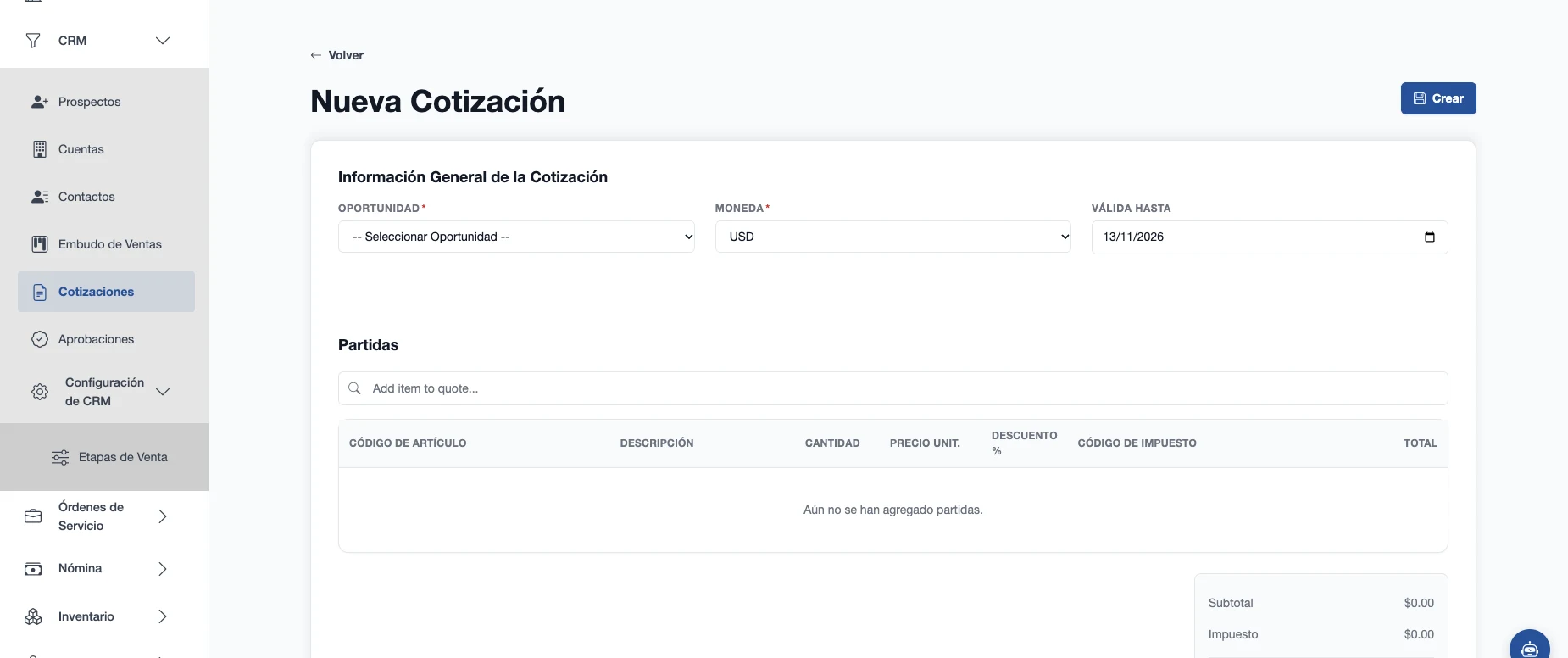Formulario de nueva cotización con oportunidad, moneda, vigencia y partidas con descuentos e impuestos