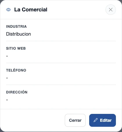 Resumen de una cuenta con industria, sitio web, teléfono y dirección