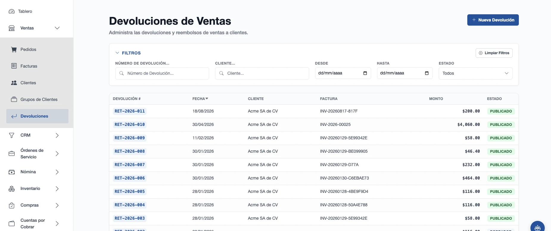 Lista de devoluciones de ventas con cliente, factura de origen, importe y estado