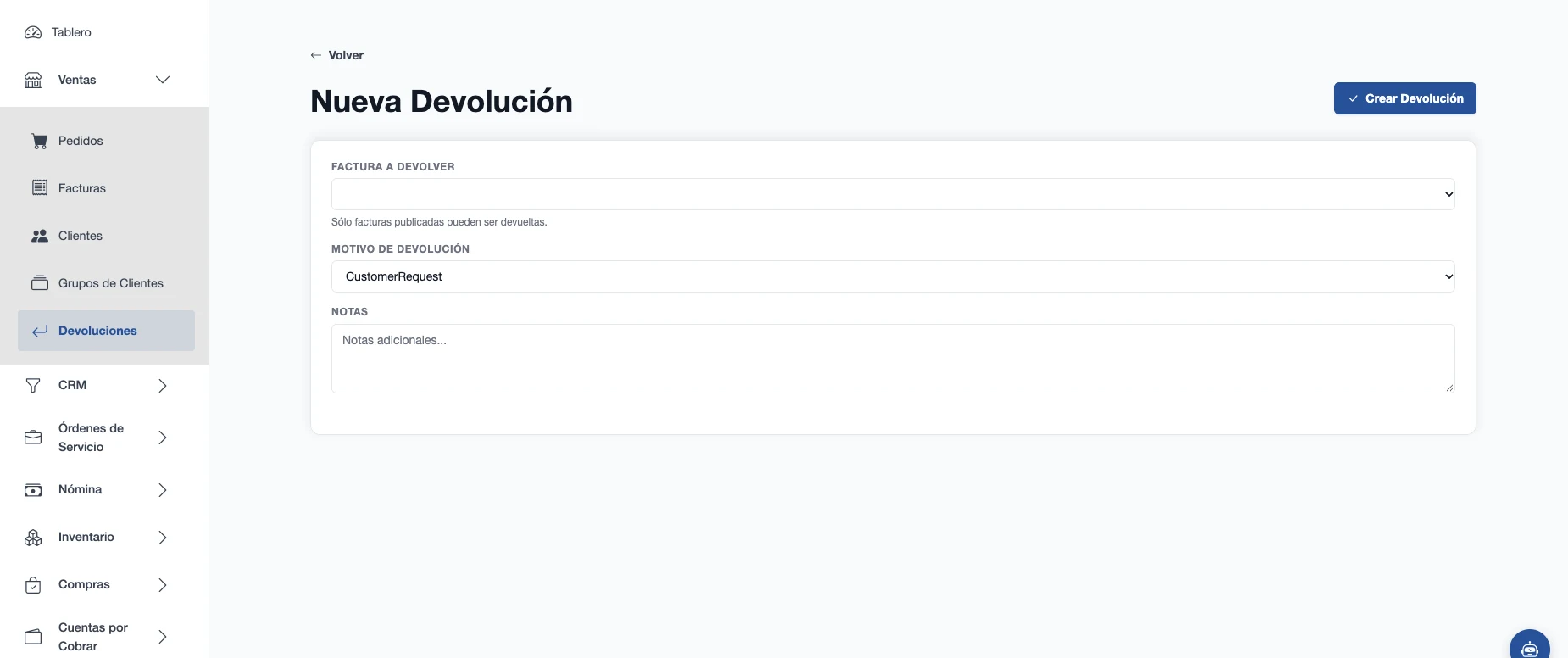 Formulario de nueva devolución con factura original, motivo y notas
