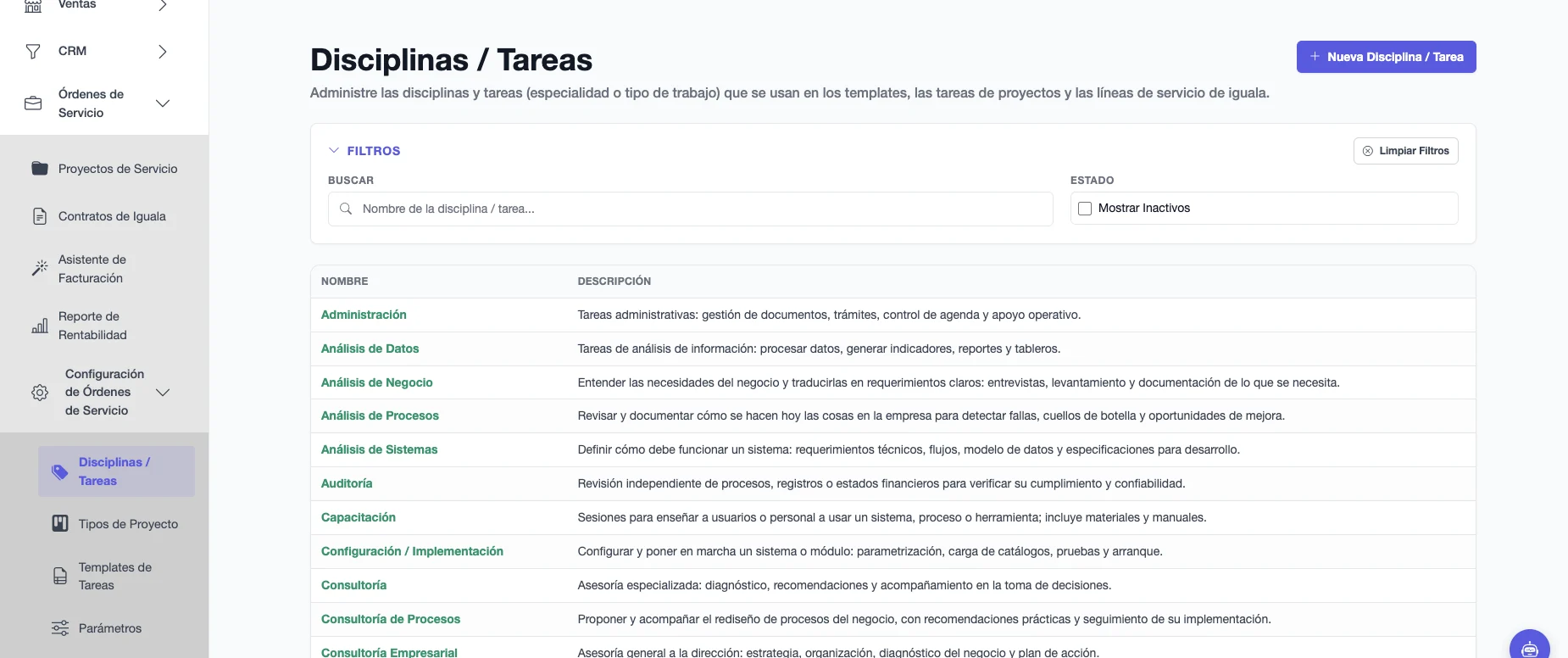 Catálogo de Disciplinas / Tareas con el nombre y la descripción de cada especialidad, como Administración, Análisis de Datos, Auditoría y Consultoría