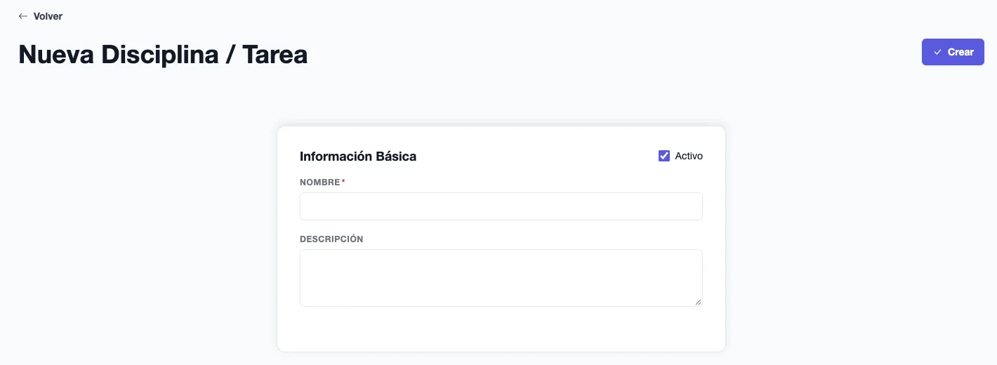 Formulario Nueva Disciplina / Tarea con los campos Nombre y Descripción y la casilla Activo