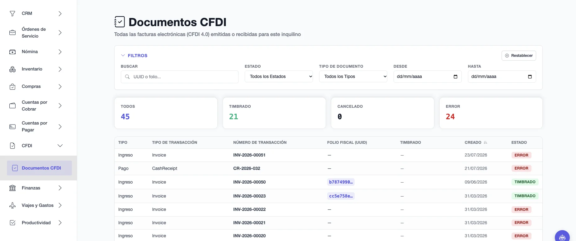 Documentos CFDI con contadores por estado, tipo de documento, número de transacción, folio fiscal, fecha de timbrado y estado