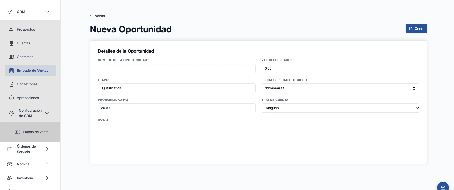 Formulario de nueva oportunidad con importe estimado, etapa, fecha de cierre, probabilidad y cuenta