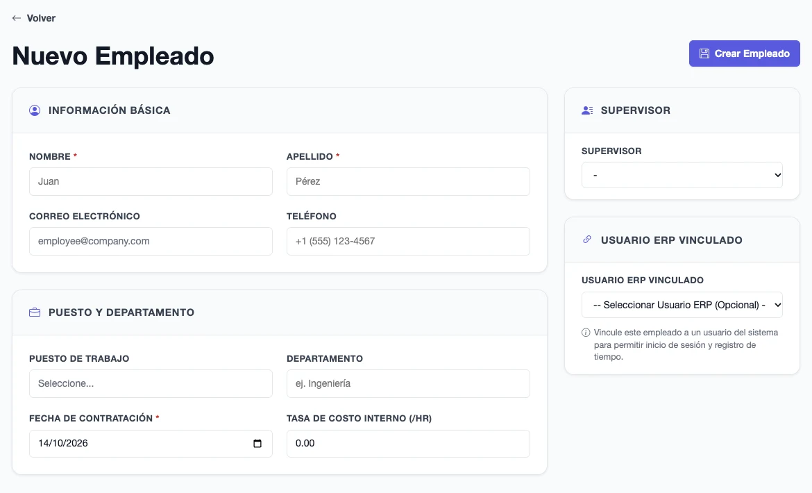 Formulario de nuevo empleado con datos de contacto, puesto, departamento, fecha de ingreso, supervisor y usuario vinculado